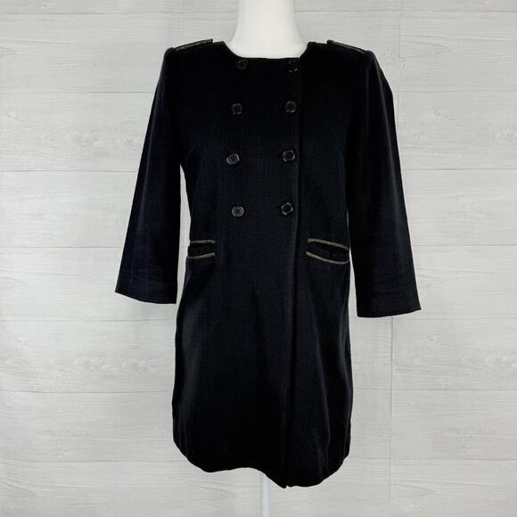 MAJE Double Breasted Coat Jacket Size 38 US M Military Black Preppy Academia - Picture 2 of 15